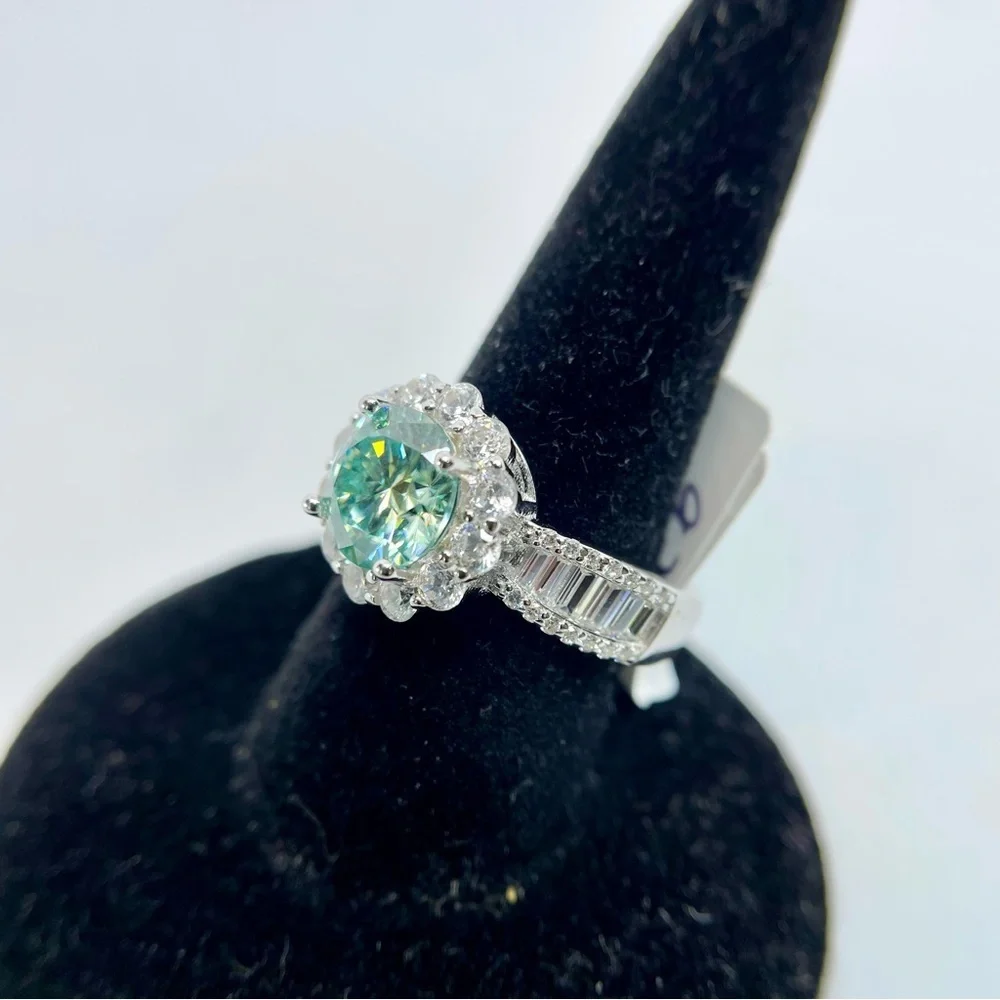 Moissanite Halo Ring Aqua Blue Center & Baguette Accents 18K White Gold Finish - Picture 6 of 16